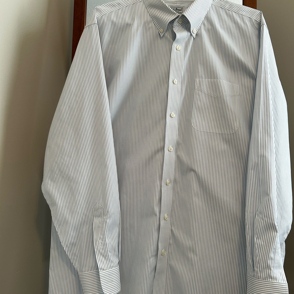 LL Bean Men’s White & Blue Stripe Button Down Shirt— 17.5” Neck, 36” Sleeve